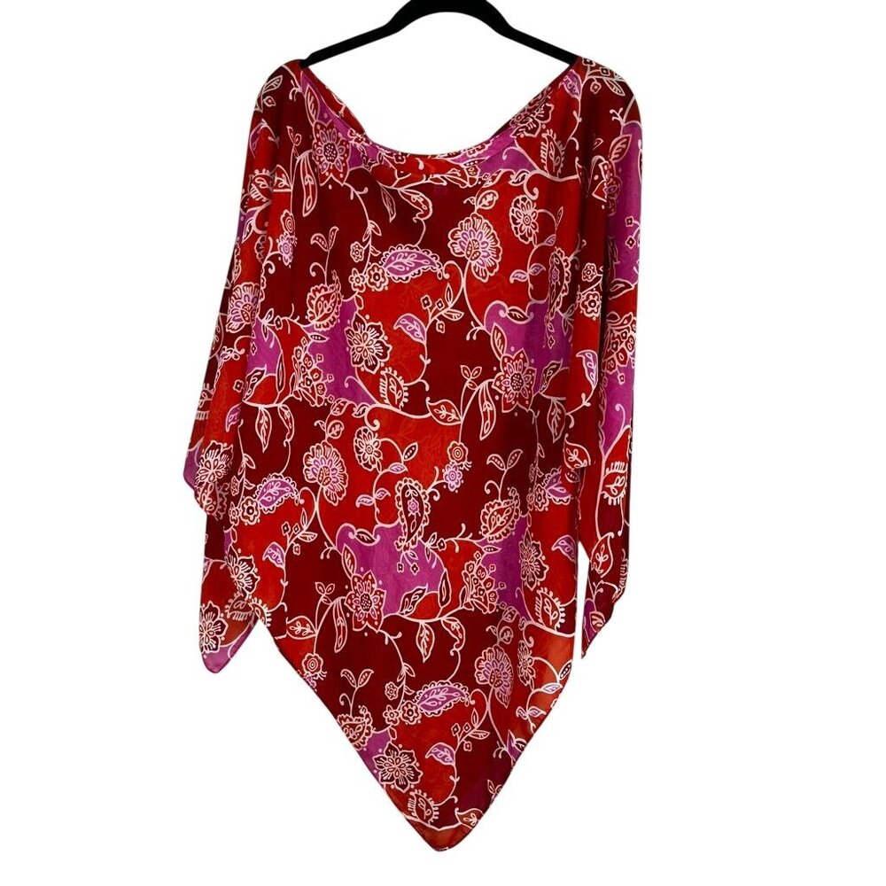 Retro Colorful Floral Poncho Red OS‎ Tropical Resort Preppy Festival Artsy Chic